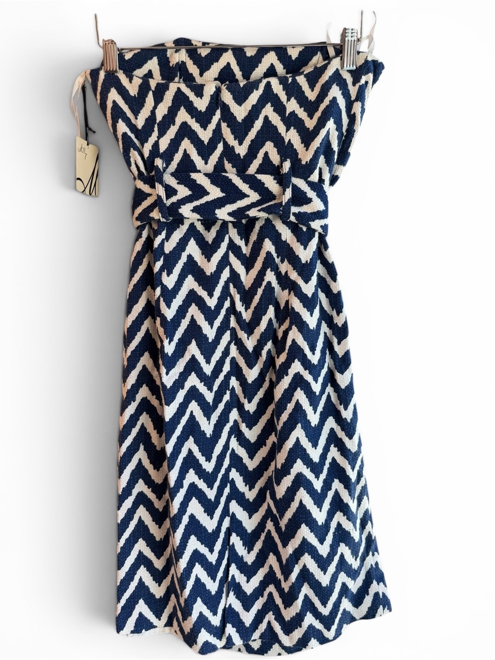 MILLY of New York Strapless Chevron Tweed Pencil Dress. Indigo Blue and White - Picture 6 of 15